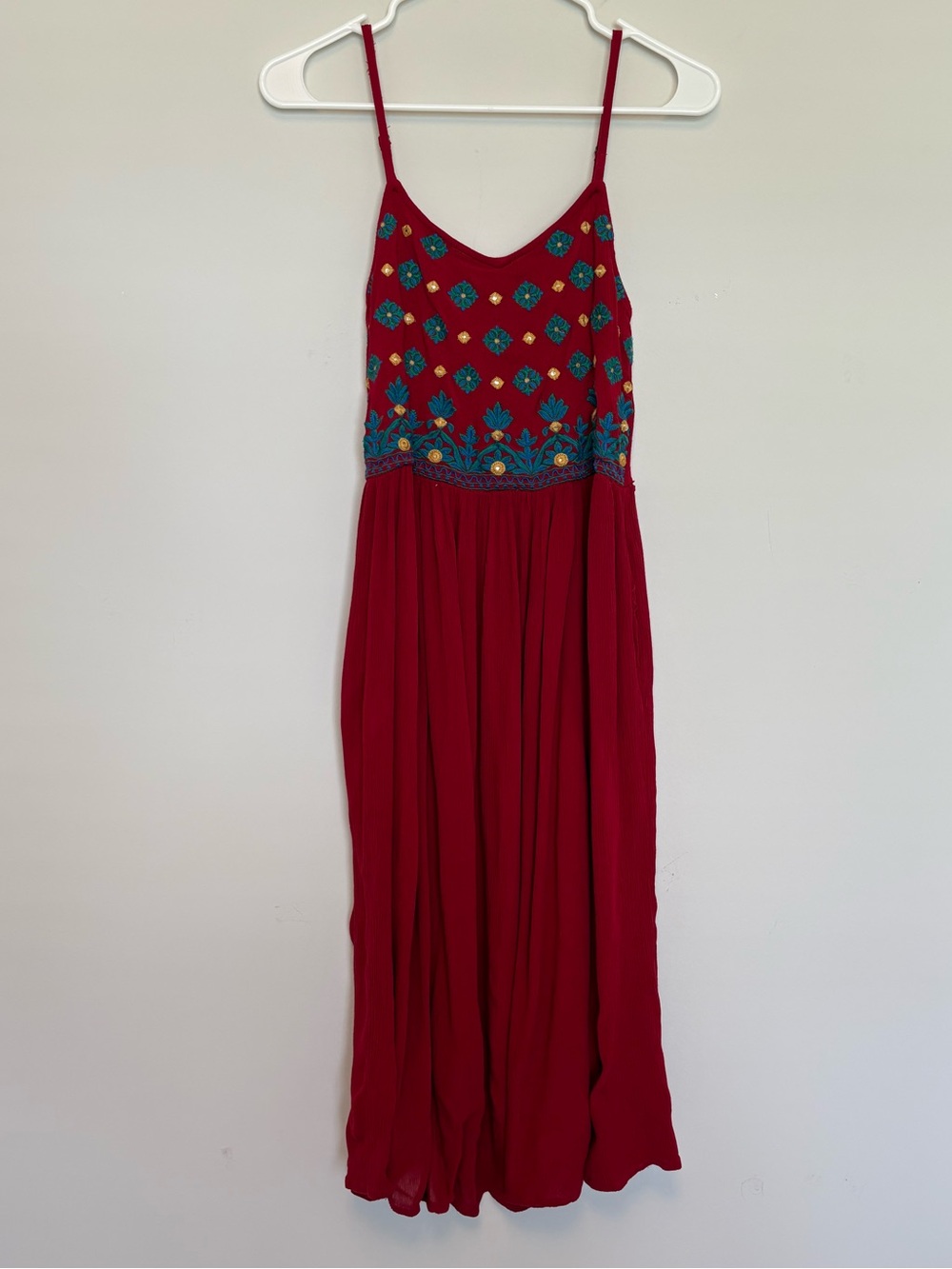 Max Red Floral Embroidered Boho Midi Dress Size Medium